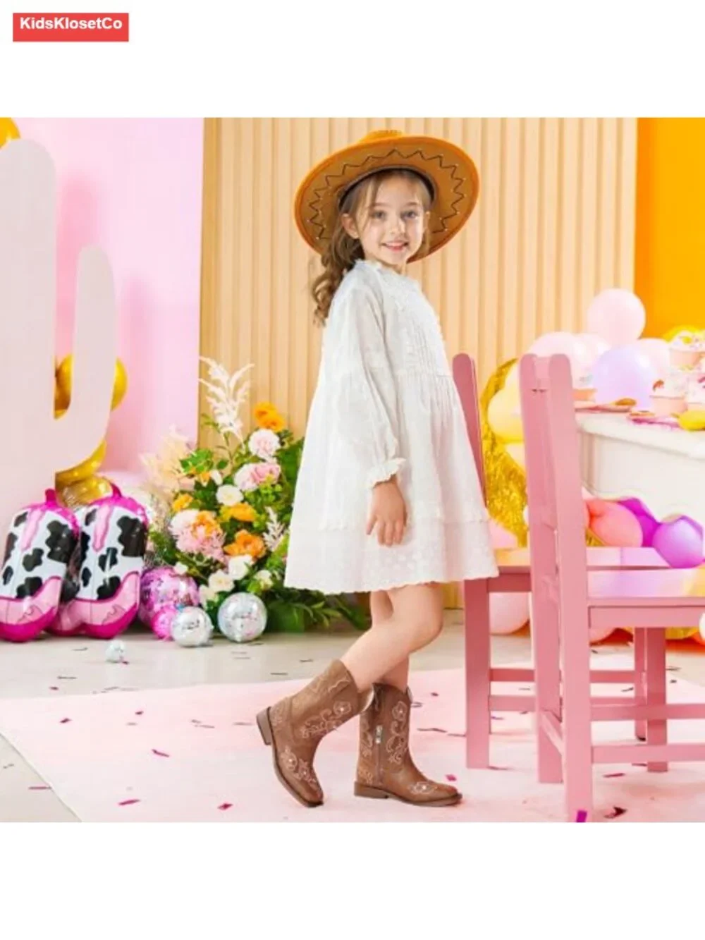 Girls Cowboy Boots Floral Embroidery Rhinestone Side Zipper Mid Calf Square Toe